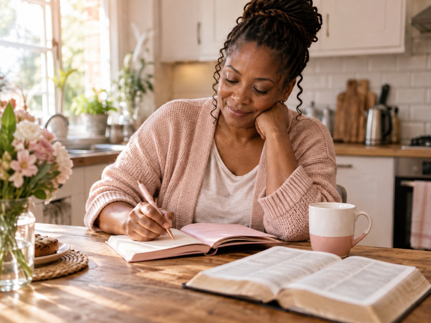 Woman journaling quietly at a kitchen table